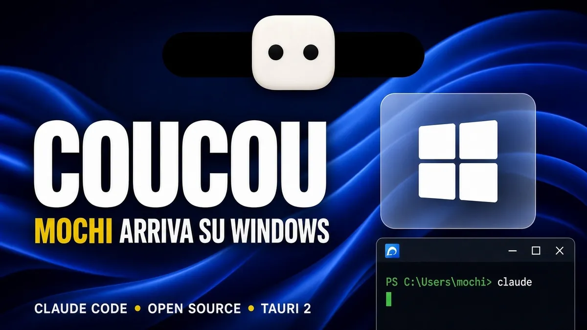 Mochi, squircle bianco di Coucou, spunta da un’island nera sul wallpaper blu di Windows 11 accanto a un terminale Claude.
