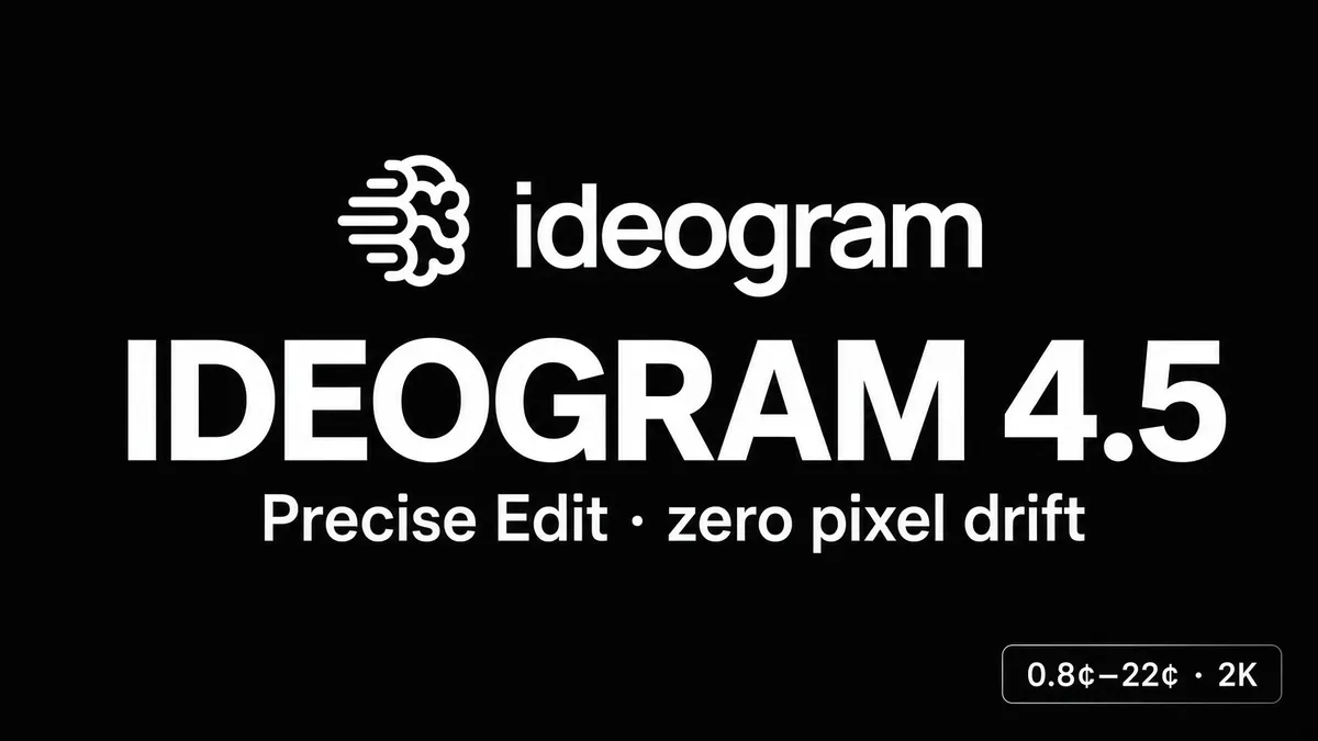 Copertina di Ideogram 4.5 con logo ufficiale, titolo Precise Edit e claim di editing multi-turn senza drift sui pixel.