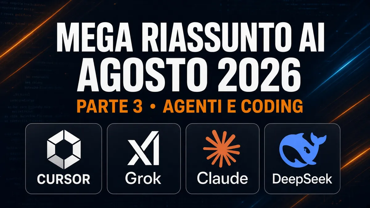 Copertina del mega riassunto AI agosto parte 3 con terminale, loghi Cursor, Grok Bot e Claude Code su layout 16:9.