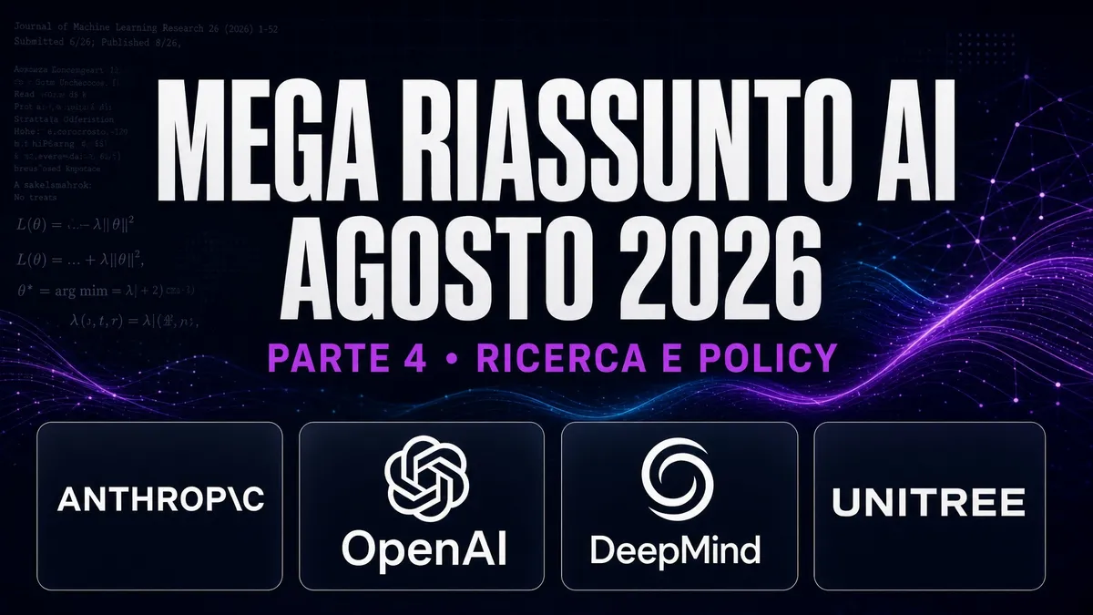 Copertina del mega riassunto AI agosto parte 4 con icone UE, scudi cyber e ricerca scientifica su formato 16:9.
