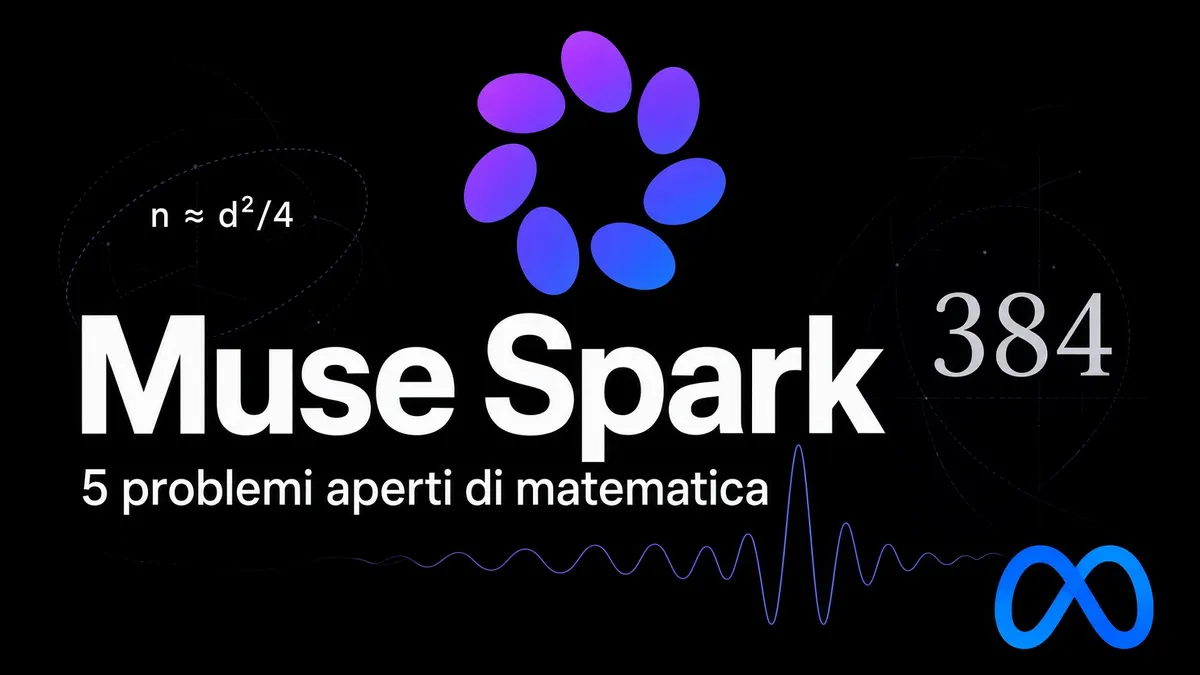 Logo Meta AI a petali su fondo nero, titolo Muse Spark e cinque problemi aperti di matematica, con soglia e ordine 384