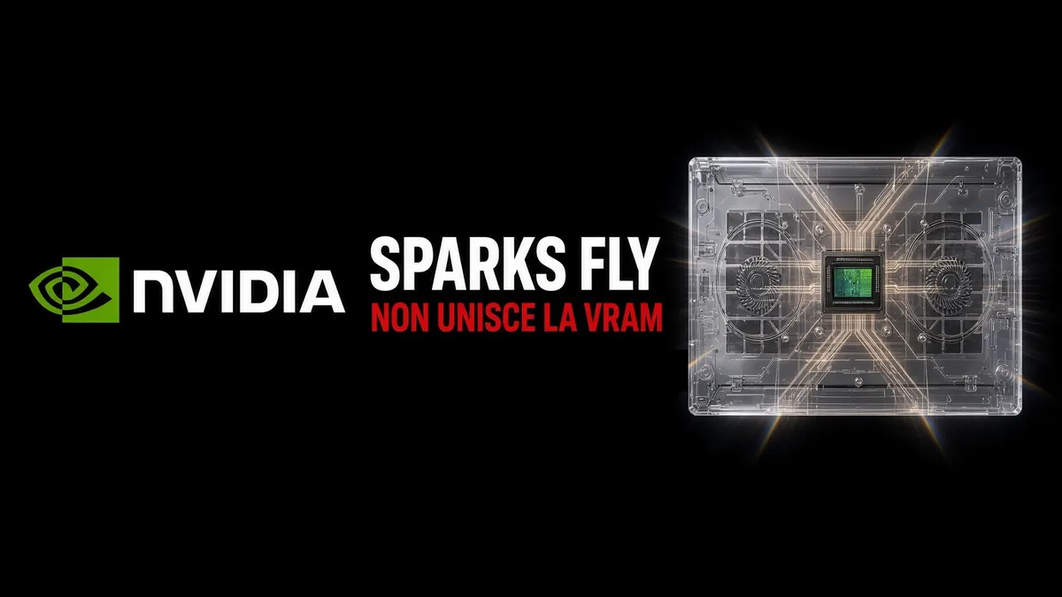 Copertina con logo NVIDIA, titolo Sparks Fly e DGX Spark esploso, con la scritta che PAIR non unisce la VRAM.