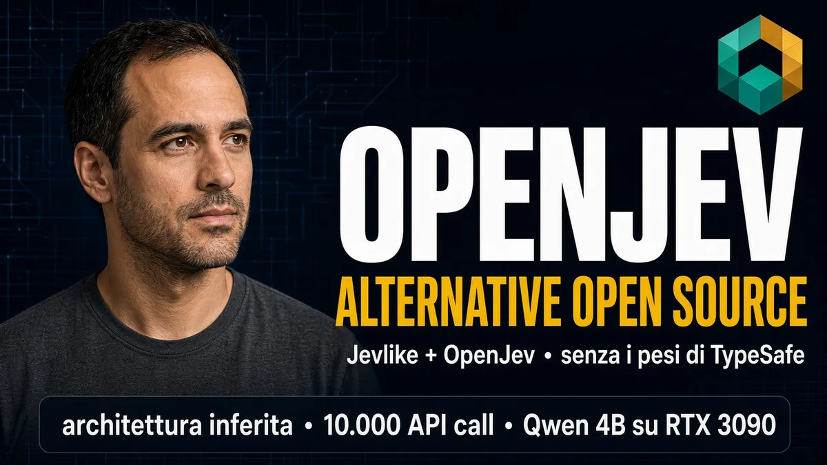 Thumbnail 16:9 con il fondatore TypeSafe, logo cubo e titolo OPENJEV sulle alternative open source Jevlike e OpenJev